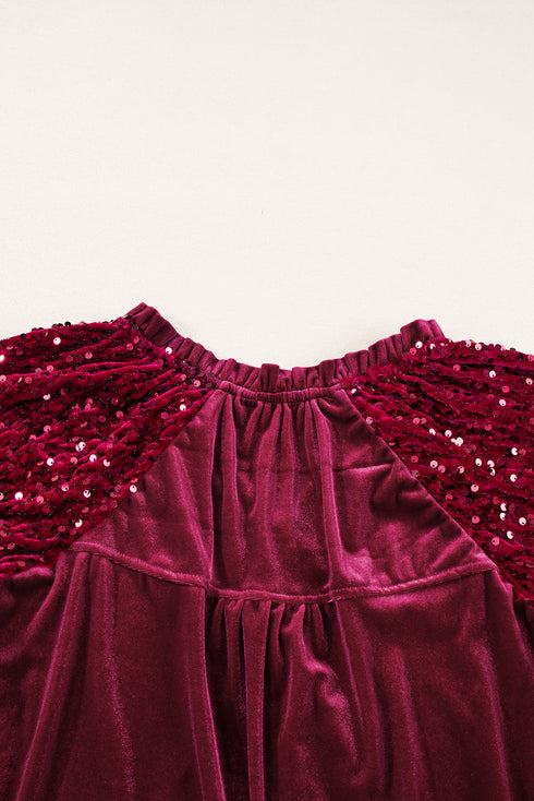 Velvet Button Up With Sequin Patchwork Sleeve Shirt