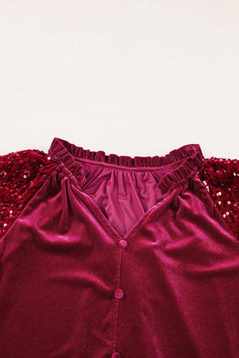 Velvet Button Up With Sequin Patchwork Sleeve Shirt