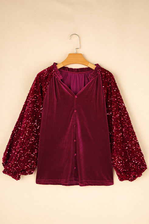 Velvet Button Up With Sequin Patchwork Sleeve Shirt