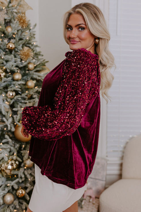 Velvet Button Up With Sequin Patchwork Sleeve Shirt