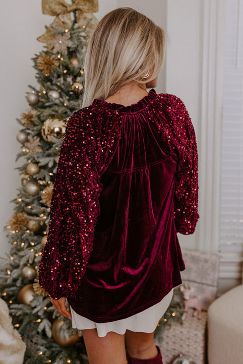 Velvet Button Up With Sequin Patchwork Sleeve Shirt