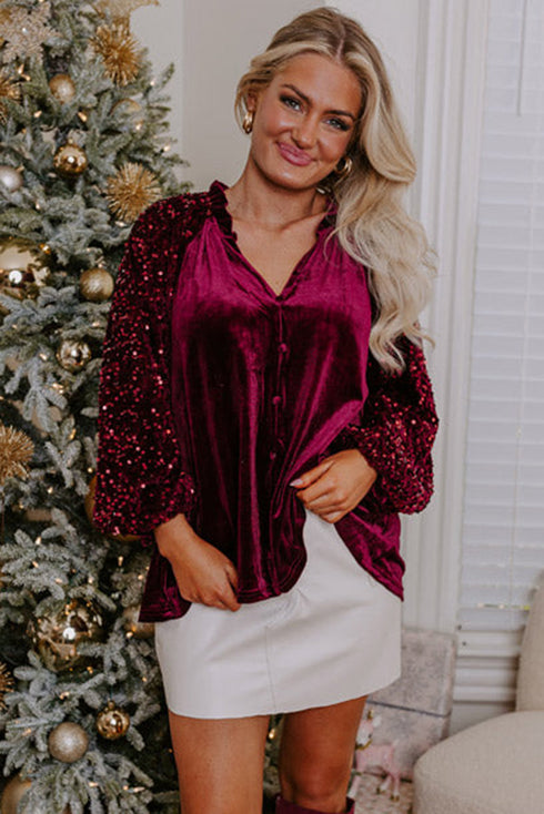 Velvet Button Up With Sequin Patchwork Sleeve Shirt