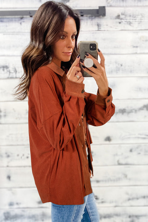 Velvet Collared Button Front Drop Shoulder Shirt Jacket