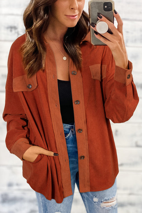 Velvet Collared Button Front Drop Shoulder Shirt Jacket