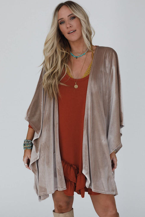 Velvet Draped Open Front Batwing Three Quarter Sleeve Kimono