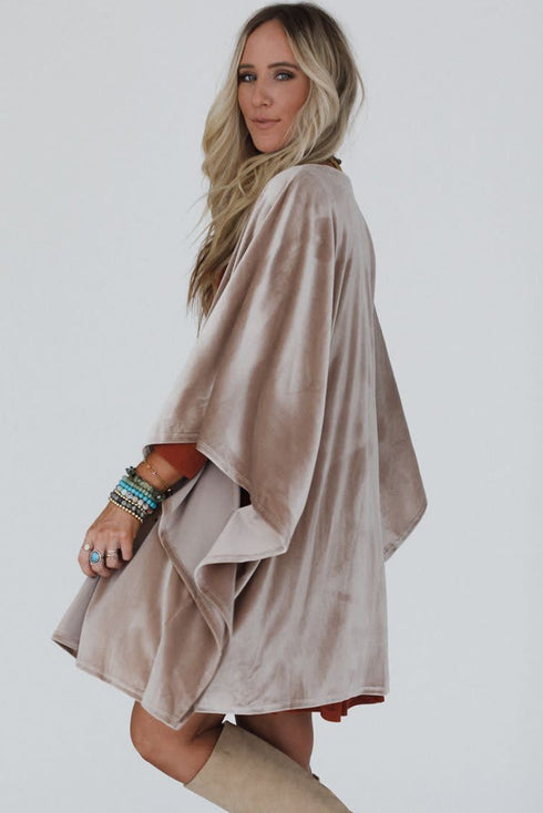 Velvet Draped Open Front Batwing Three Quarter Sleeve Kimono