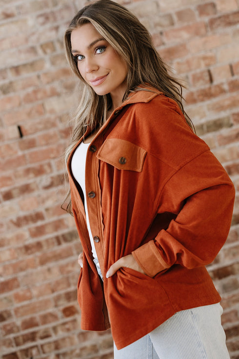 Velvet Drop Shoulder Flap Pocket Casual Shacket Jacket