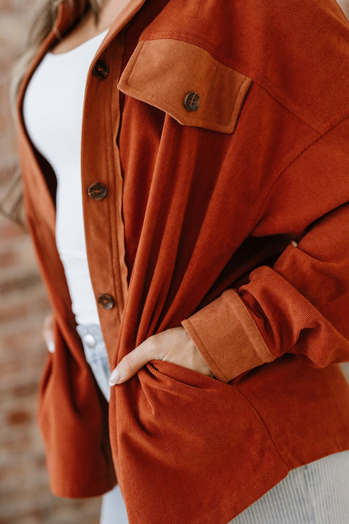 Velvet Drop Shoulder Flap Pocket Casual Shacket Jacket