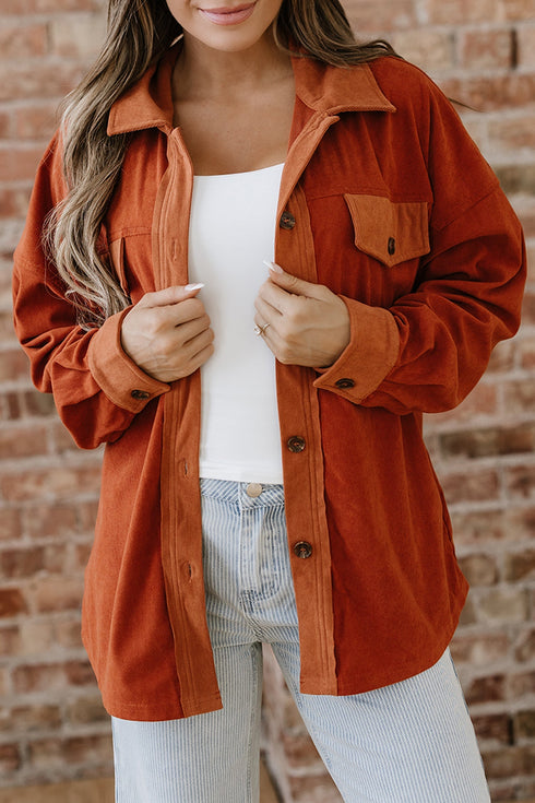 Velvet Drop Shoulder Flap Pocket Casual Shacket Jacket