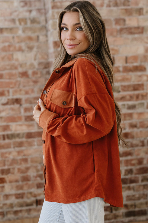Velvet Drop Shoulder Flap Pocket Casual Shacket Jacket