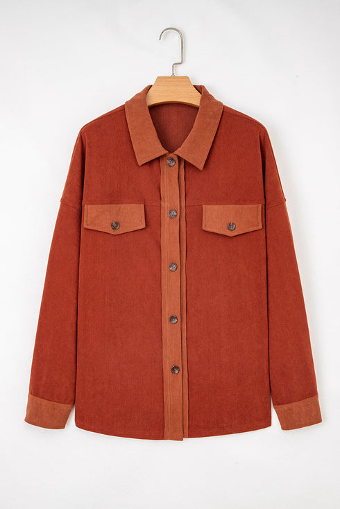 Velvet Drop Shoulder Flap Pocket Casual Shacket Jacket