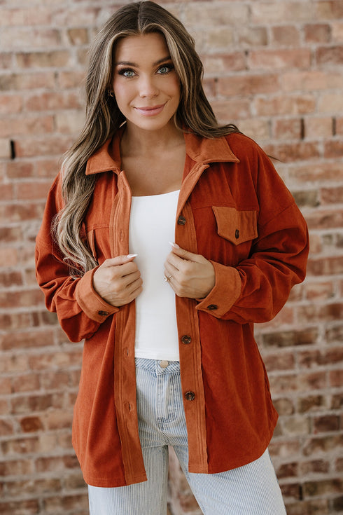 Velvet Drop Shoulder Flap Pocket Casual Shacket Jacket