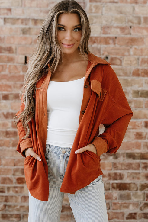 Velvet Drop Shoulder Flap Pocket Casual Shacket Jacket