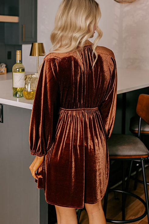 Velvet Elastic V Neck Puff Sleeve A Line Mini Dress