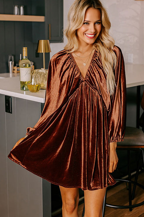 Velvet Elastic V Neck Puff Sleeve A Line Mini Dress