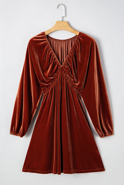 Velvet Elastic V Neck Puff Sleeve A Line Mini Dress