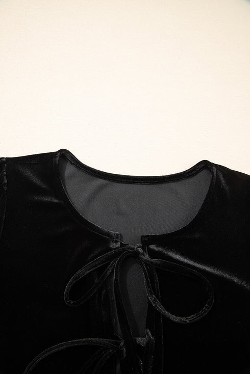 Velvet Front Tie Bow Detail Bubble Sleeve Mini Dress