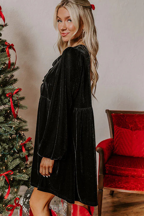 Velvet Front Tie Bow Detail Bubble Sleeve Mini Dress