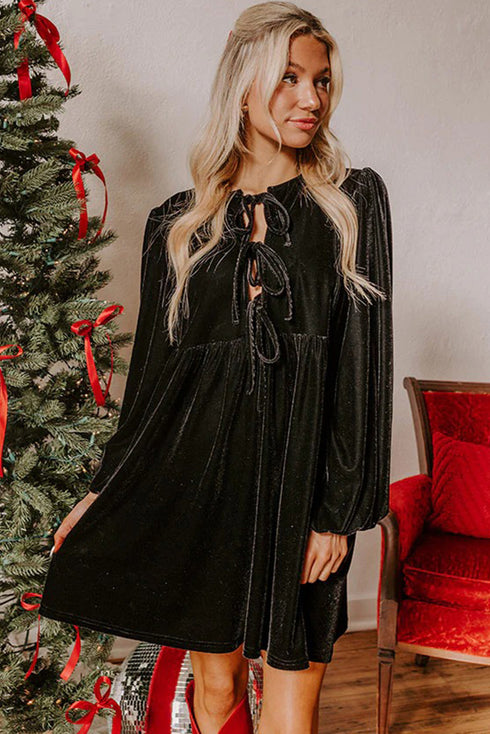 Velvet Front Tie Bow Detail Bubble Sleeve Mini Dress