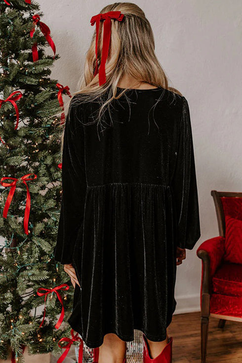 Velvet Front Tie Bow Detail Bubble Sleeve Mini Dress