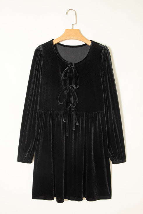 Velvet Front Tie Bow Detail Bubble Sleeve Mini Dress
