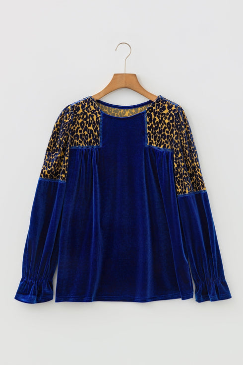 Velvet Leopard Print Patchwork Flounce Sleeve Blouse