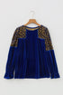 Velvet Leopard Print Patchwork Flounce Sleeve Blouse