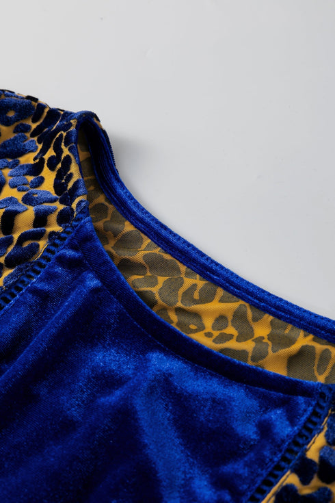 Velvet Leopard Print Patchwork Flounce Sleeve Blouse