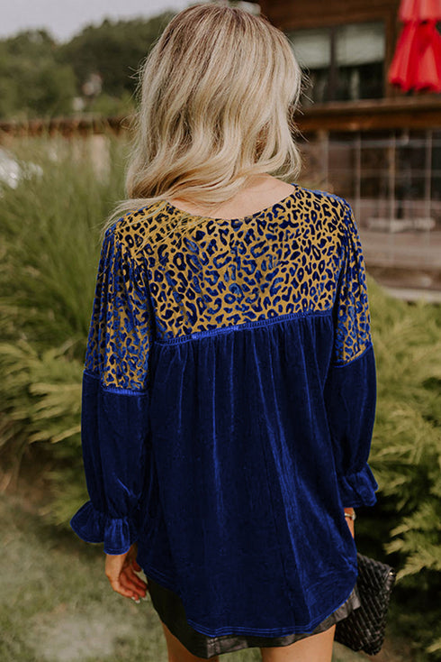 Velvet Leopard Print Patchwork Flounce Sleeve Blouse
