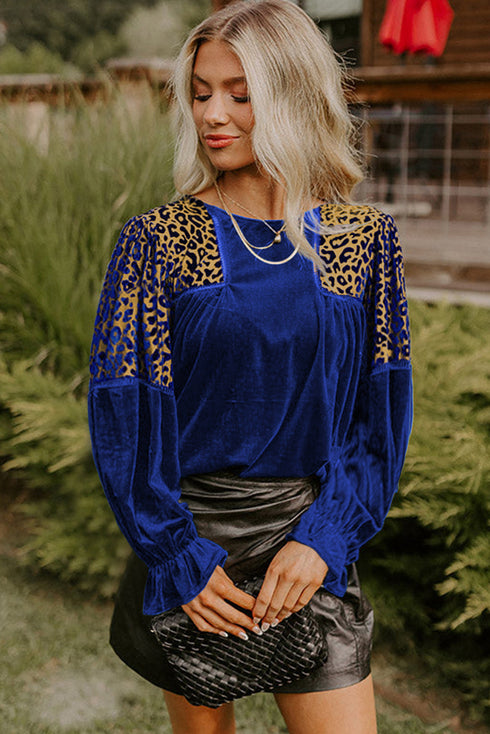 Velvet Leopard Print Patchwork Flounce Sleeve Blouse