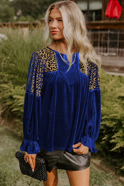 Velvet Leopard Print Patchwork Flounce Sleeve Blouse