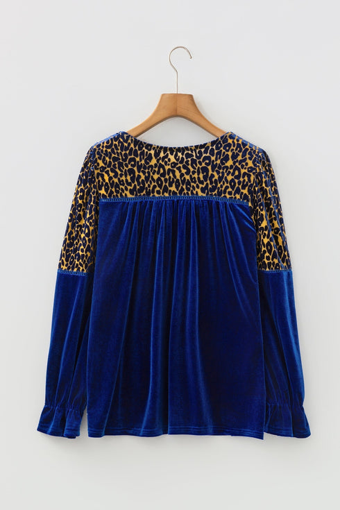 Velvet Leopard Print Patchwork Flounce Sleeve Blouse