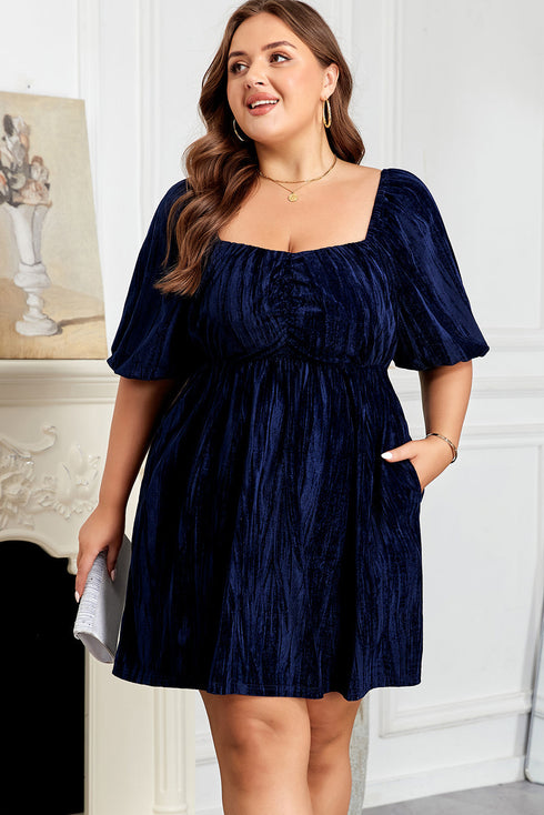 Velvet Ruched Puff Sleeve Bow Plus Size Midi Dress