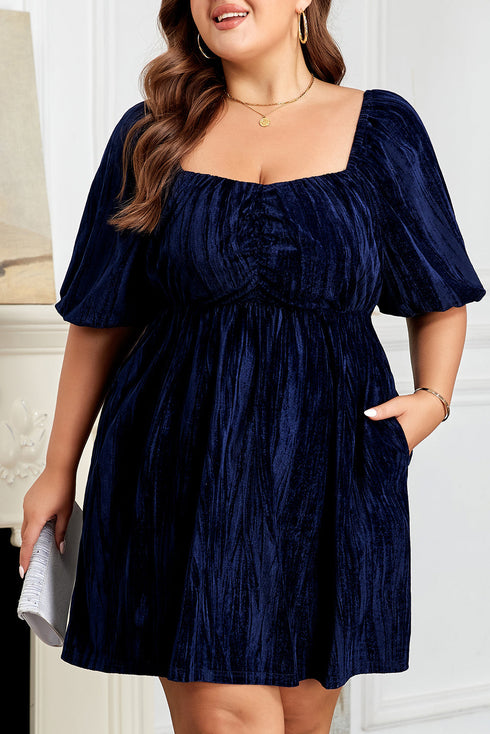 Velvet Ruched Puff Sleeve Bow Plus Size Midi Dress