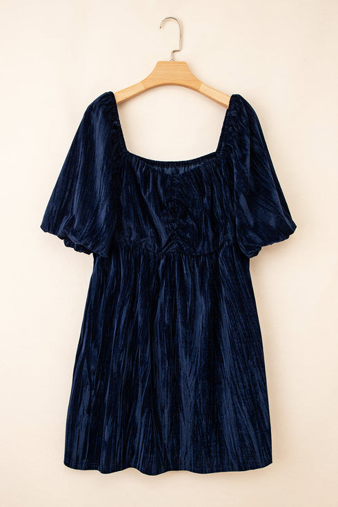Velvet Ruched Puff Sleeve Bow Plus Size Midi Dress