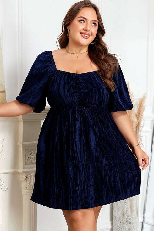 Velvet Ruched Puff Sleeve Bow Plus Size Midi Dress