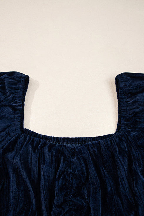 Velvet Ruched Puff Sleeve Bow Plus Size Midi Dress