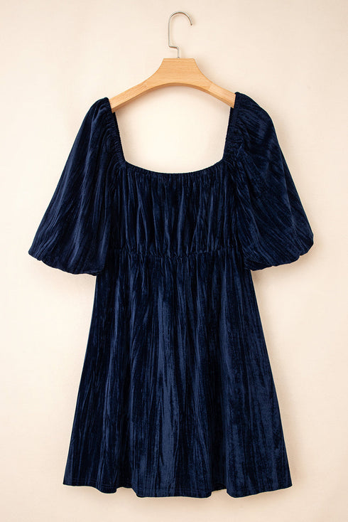 Velvet Ruched Puff Sleeve Bow Plus Size Midi Dress