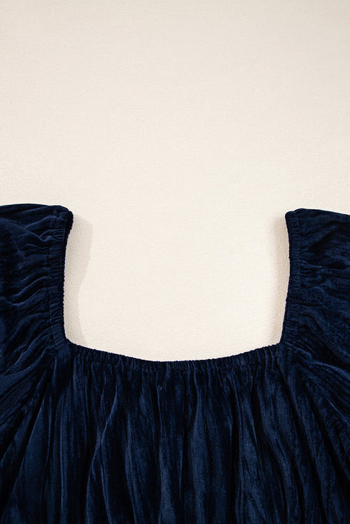 Velvet Ruched Puff Sleeve Bow Plus Size Midi Dress