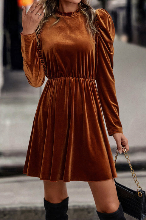 Velvet Ruffled Mock Neck Puff Sleeve Dress