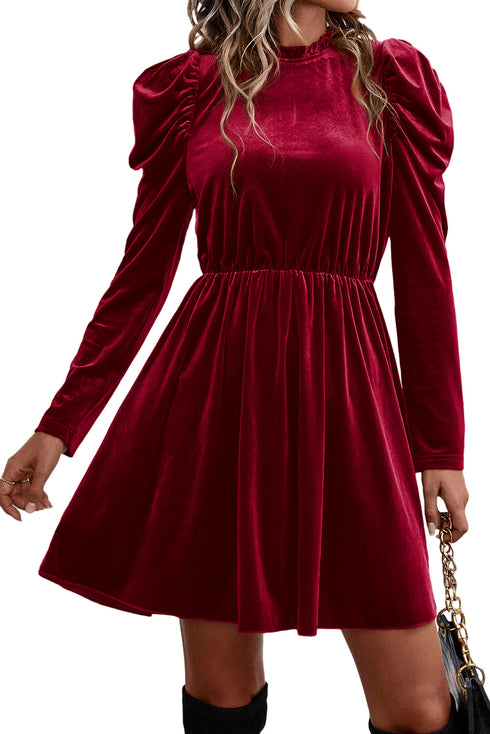 Velvet Ruffled Mock Neck Puff Sleeve Dress