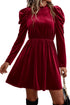 Velvet Ruffled Mock Neck Puff Sleeve Dress