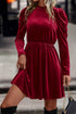 Velvet Ruffled Mock Neck Puff Sleeve Dress