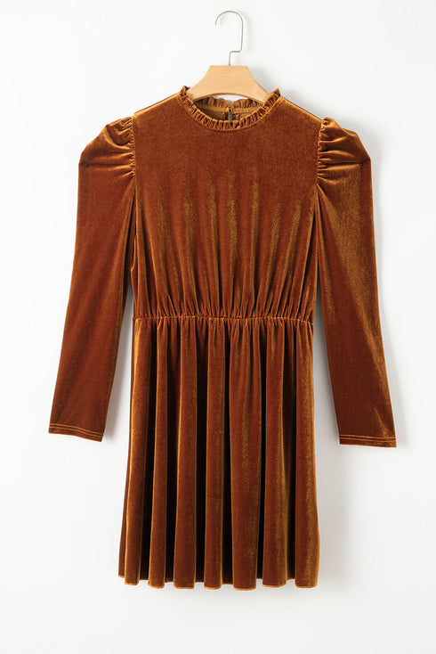 Velvet Ruffled Mock Neck Puff Sleeve Dress