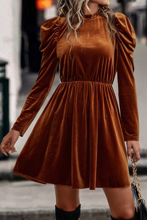 Velvet Ruffled Mock Neck Puff Sleeve Dress