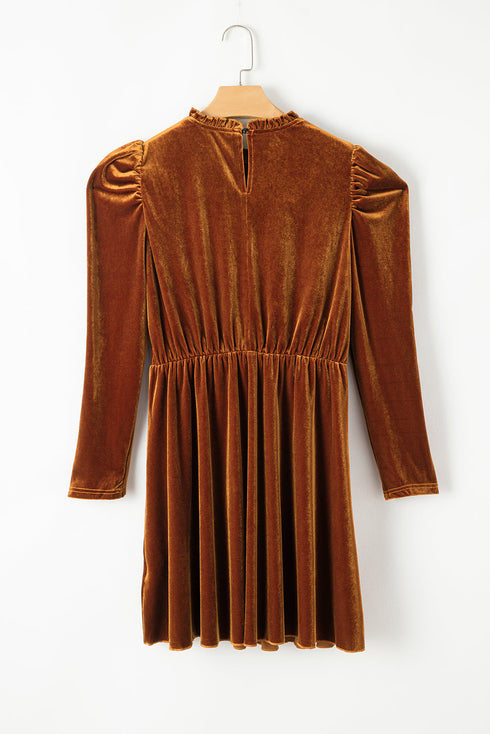 Velvet Ruffled Mock Neck Puff Sleeve Dress