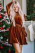 Velvet Ruffled Mock Neck Puff Sleeve Dress