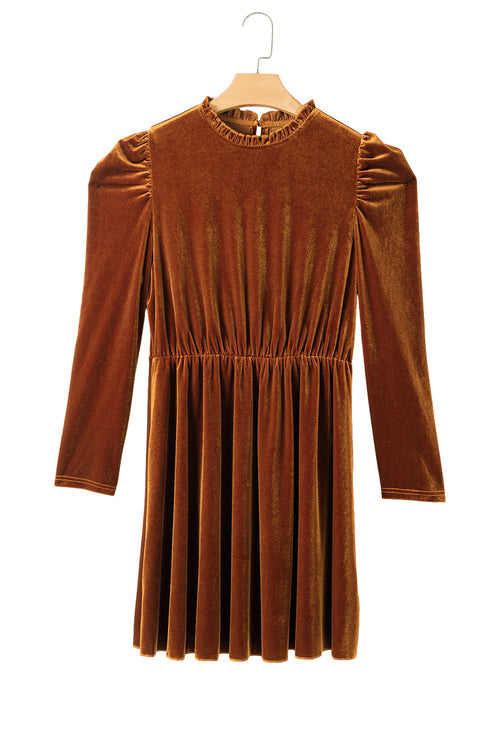 Velvet Ruffled Mock Neck Puff Sleeve Dress