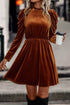 Velvet Ruffled Mock Neck Puff Sleeve Dress