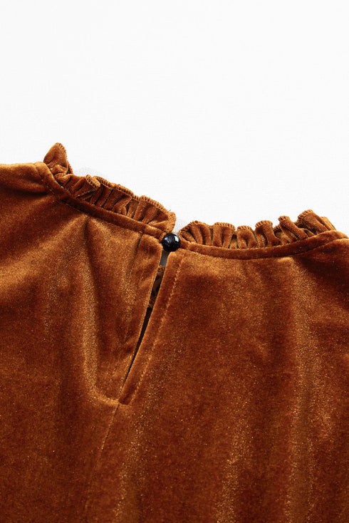 Velvet Ruffled Mock Neck Puff Sleeve Dress